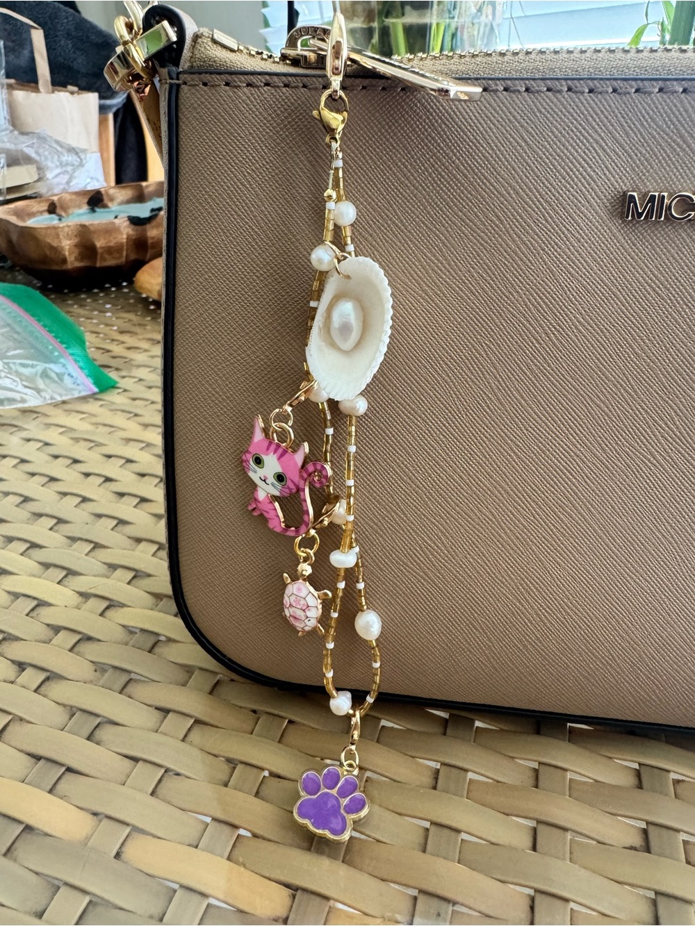 Gold Beaded bag Charm/keychain with Pink Cat & Purple Paw Charm